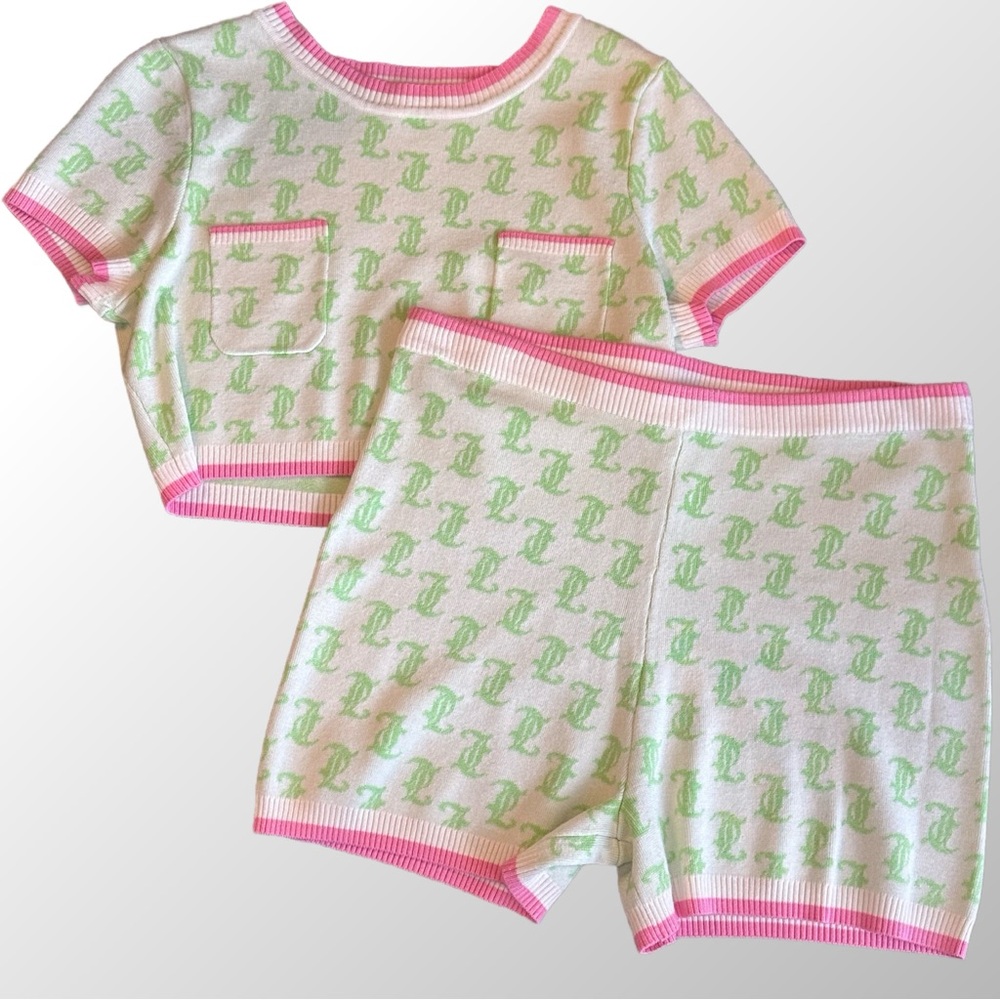 Juicy Couture Knit 2-piece Set Large Pink & Green Monogram Crop Top‎ & Short Y2K